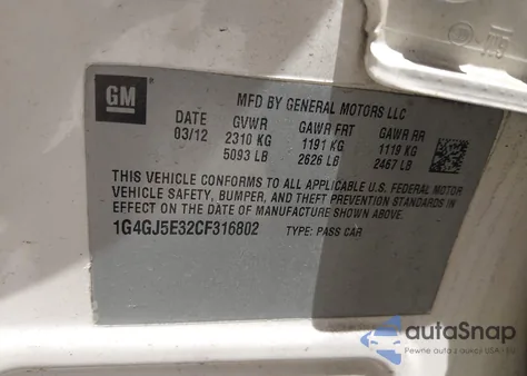 2012 Buick Lacrosse Touring Group из США, поврежденный, VIN 1G4GJ5E32CF316802